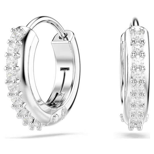 Matrix hoop earrings, Round cut, White, Rhodium plated