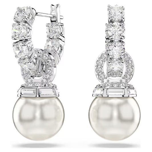 Matrix drop earrings, Crystal pearl, Round cut, White, Rhodium plated