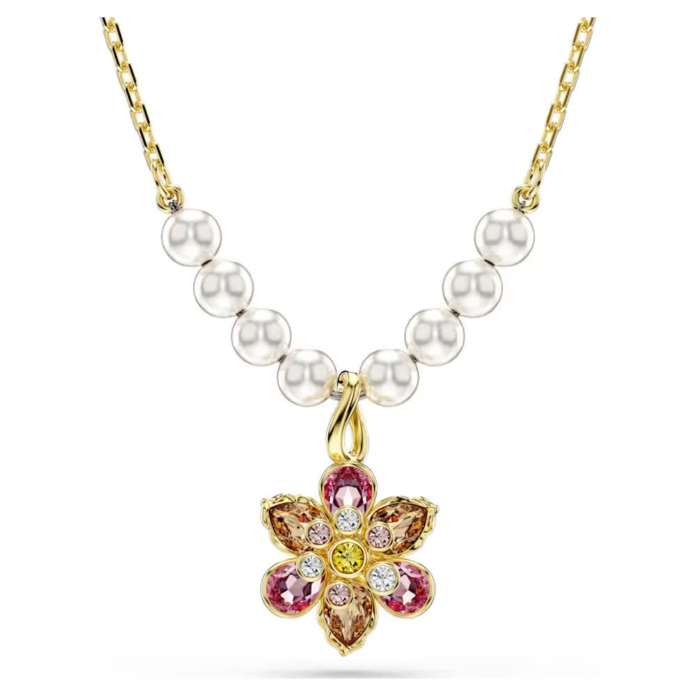 Idyllia pendant, Crystal pearl, Mixed cuts, Flower, Multicoloured, 18k gold finish