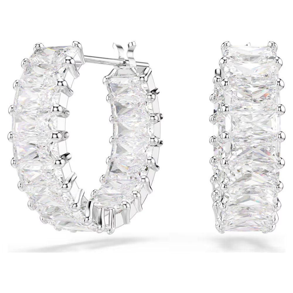 Matrix hoop earrings, Baguette cut, White, Rhodium plated