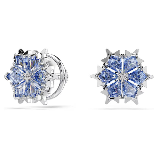 Magic stud earrings, Snowflake, Blue, Rhodium plated