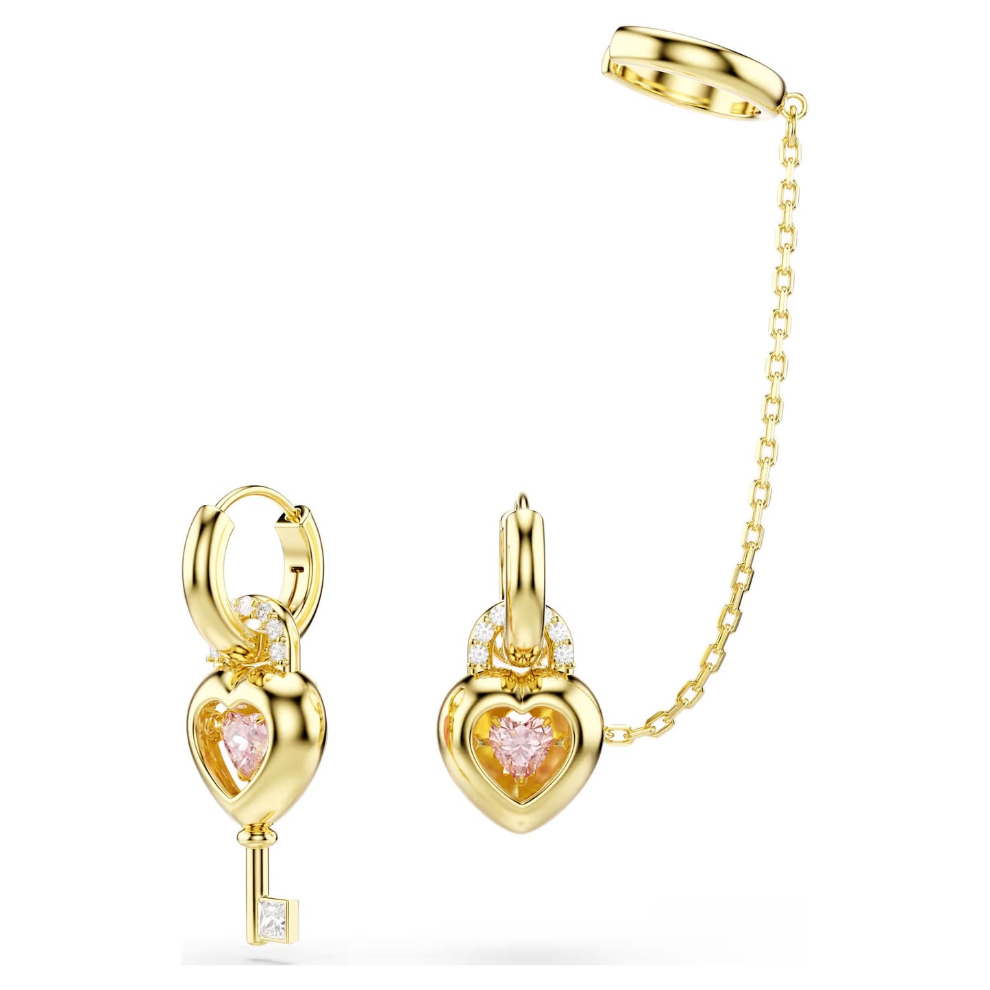 Idyllia drop earrings with ear cuff, Mixed cuts, Heart with key, Pink, Gold-tone plated