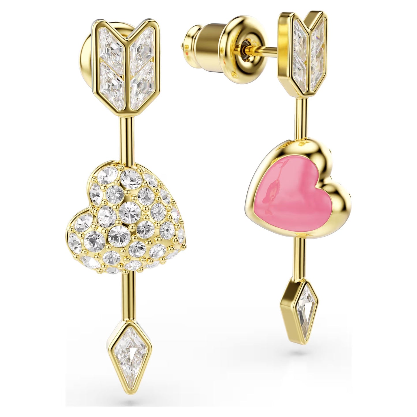 Idyllia drop earrings, Mixed cuts, Heart with arrow, White, Gold-tone plated