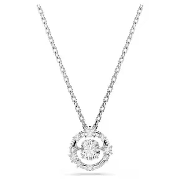 Constella pendant, Round cut, Dancing stone, White, Rhodium plated