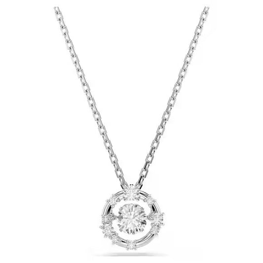 Constella pendant, Round cut, Dancing stone, White, Rhodium plated
