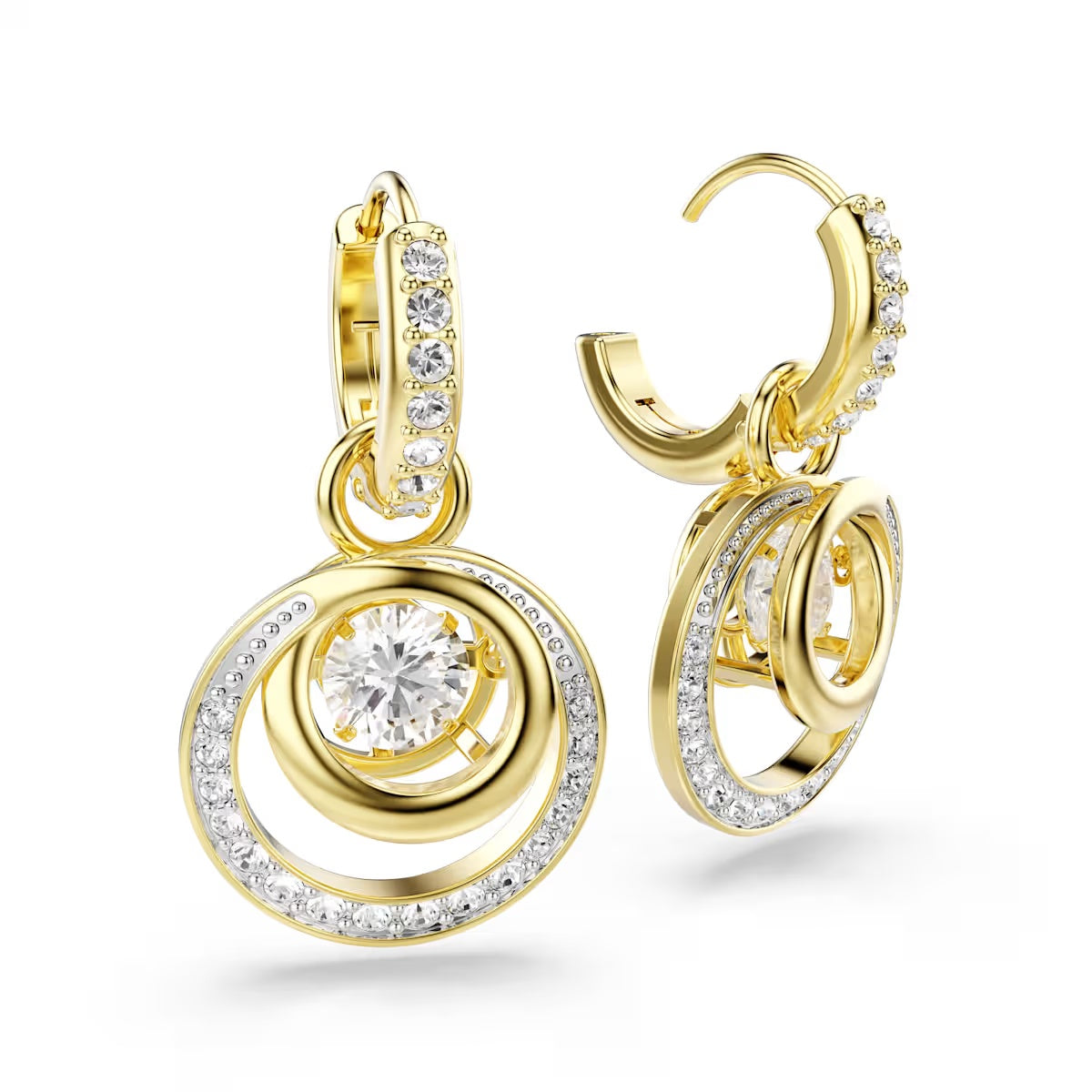 Hyperbola drop earrings, Round cut, White, Gold-tone plated