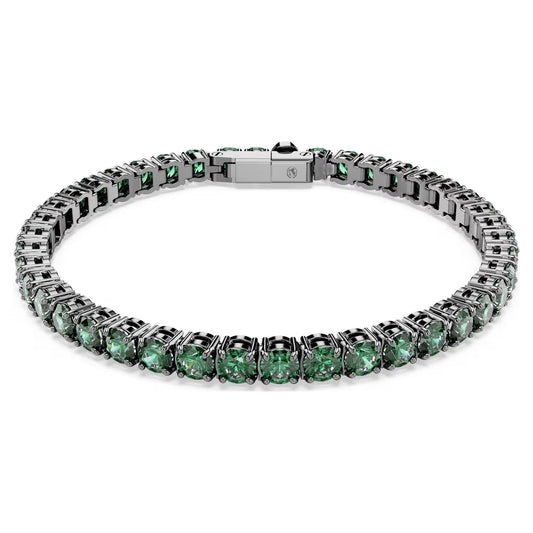 Matrix Tennis bracelet, Round cut, Green, Ruthenium plated
