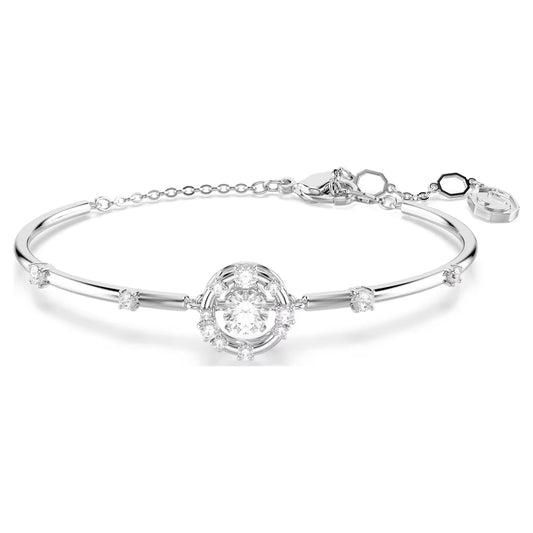 Constella bangle, Round cut, Dancing stone, White, Rhodium plated