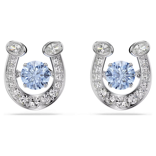 Symbolica stud earrings, Round cut, Pave, Horseshoe, Blue, Rhodium plated