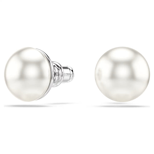 Matrix stud earrings, Crystal pearl, White, Rhodium plated