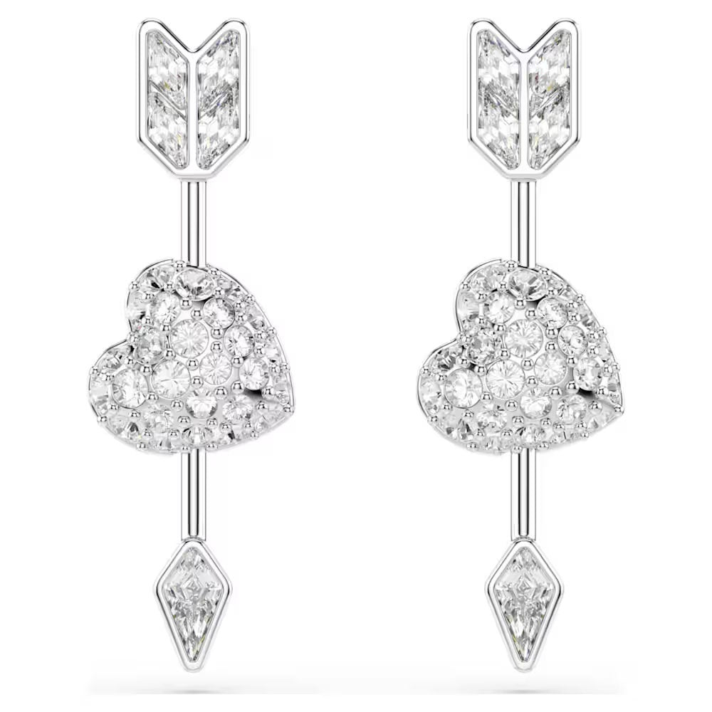 Idyllia drop earrings, Mixed cuts, Heart with arrow, White, Rhodium plated