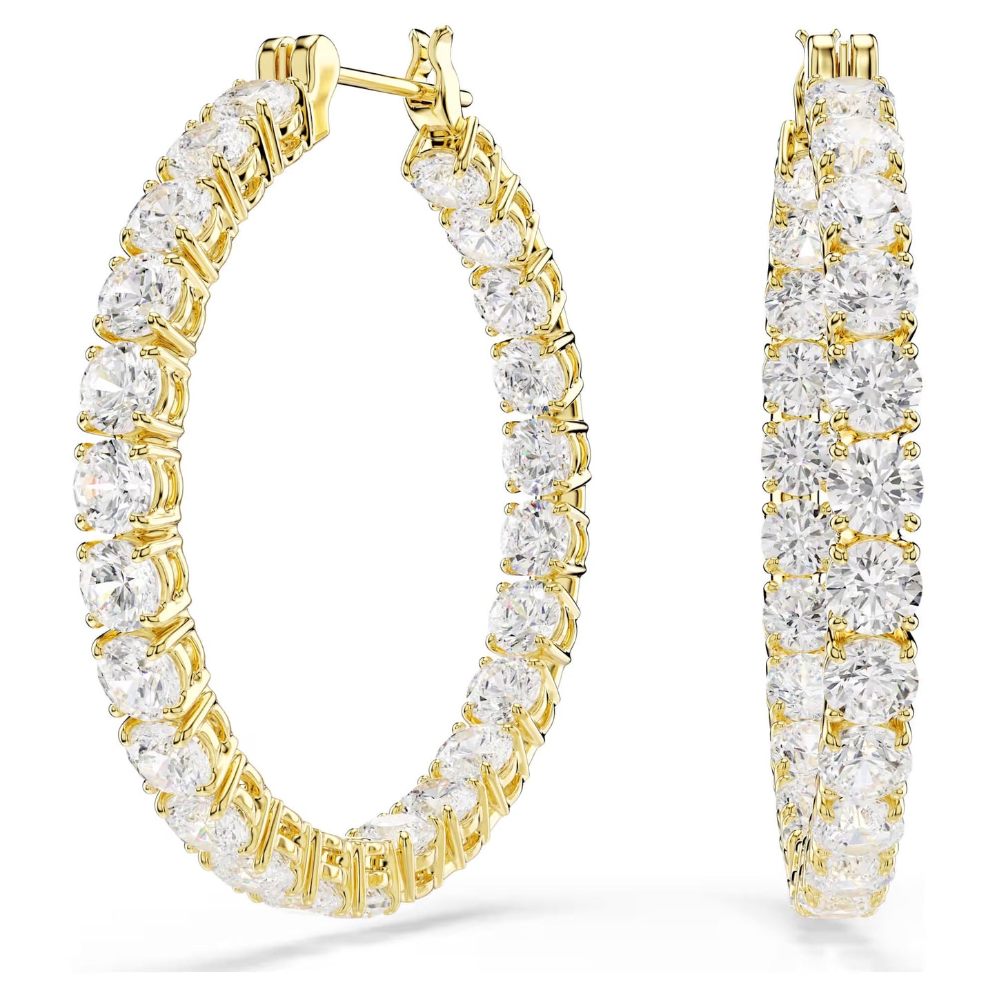 Matrix hoop earrings, Round cut, White, Gold-tone plated
