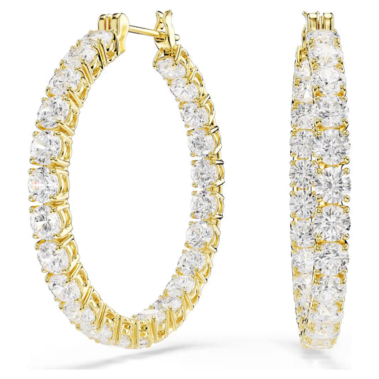 Matrix hoop earrings, Round cut, White, Gold-tone plated