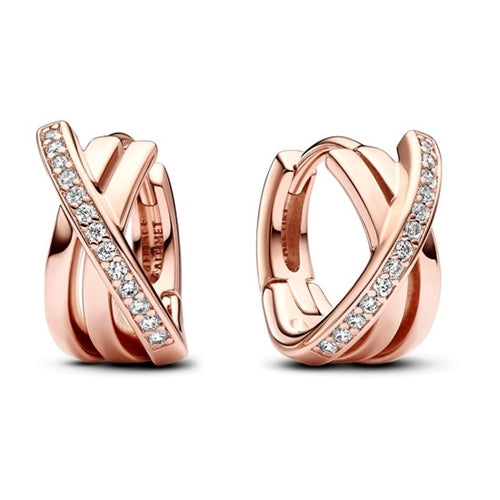 Crossover Pavé Hoop Earrings, Clear CZ, 14k rose gold-plated