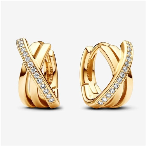 Crossover Pavé Hoop Earrings, Clear CZ, 14k Gold-plated