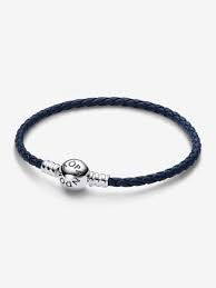 Pandora Moments Round Clasp Blue Braided Leather Bracelet