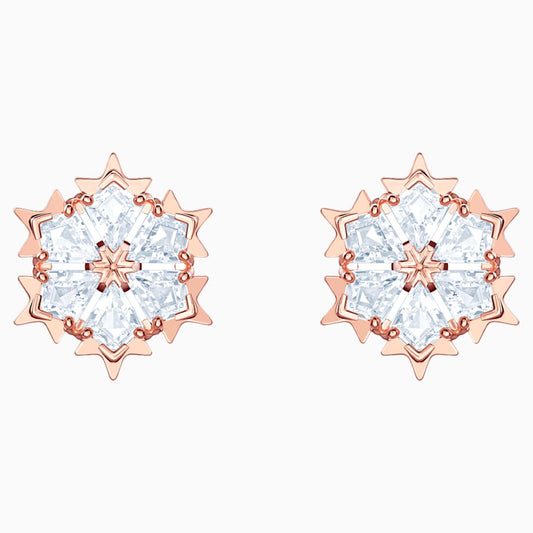 Swarovski magic stud earrings Snowflake, White, Rose gold-tone plated