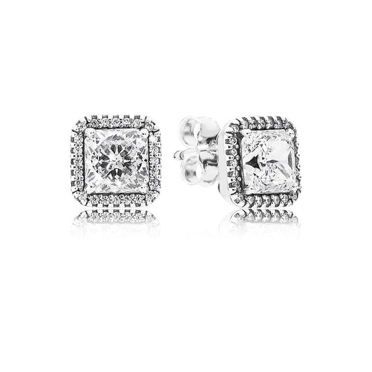 Silver Square Sparkle Halo Stud Earring