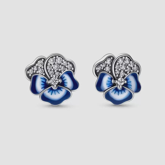 Blue Pansy Flower Stud Earrings