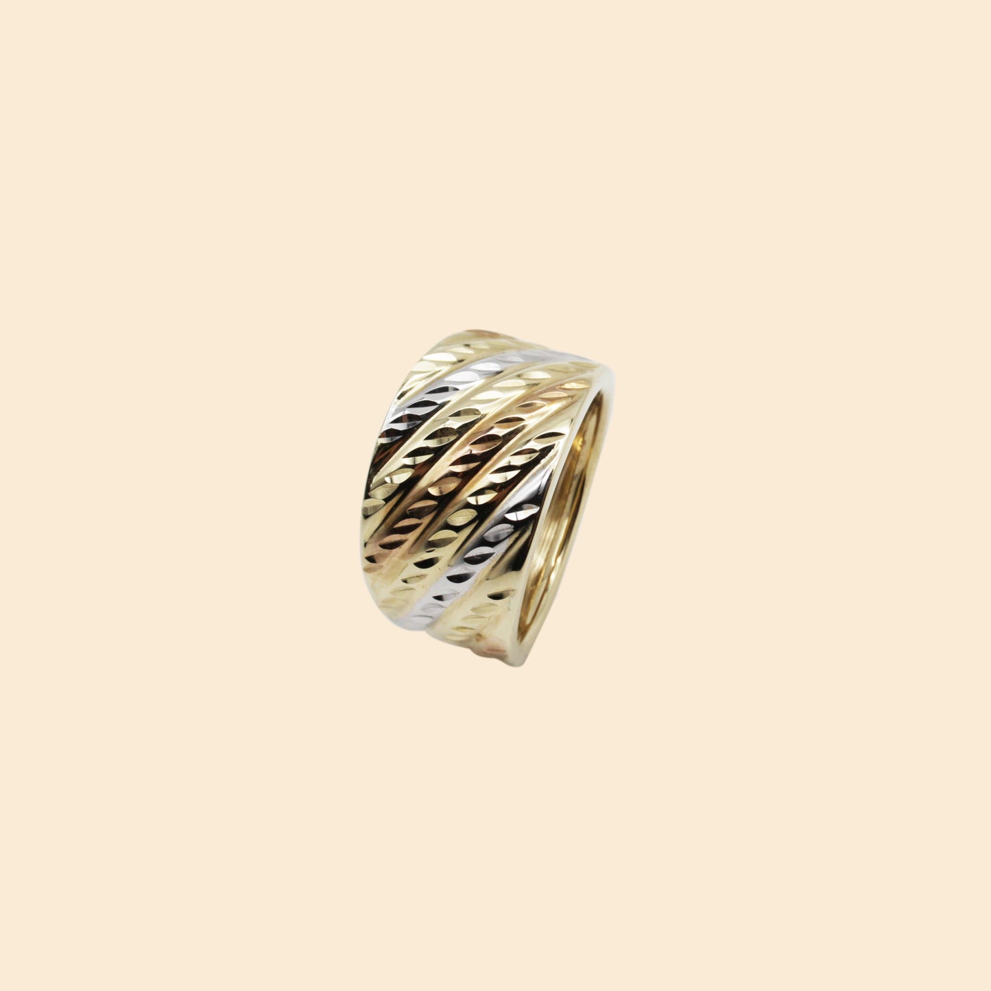 Chunky Tri-Tone Diamond Cut Ring in 10K