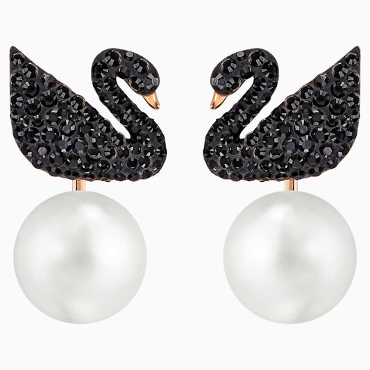 Swarovski Iconic Swan Pierced Earring Jacket, Jet Black, Rose Gold Tone Plated