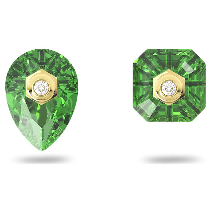 Swarovski Numina stud earrings Asymmetrical design, Mixed cuts, Green, Gold-tone plated