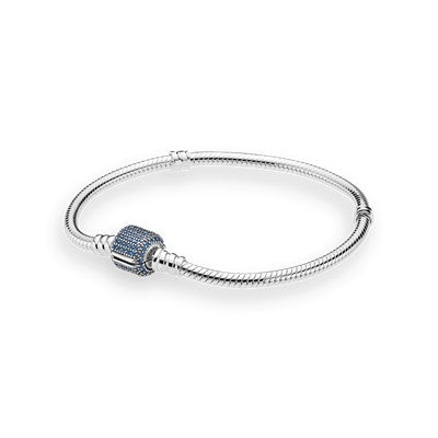 Pandora Silver Moments Snake Chain Blue Pave Barrel Clasp Bracelet