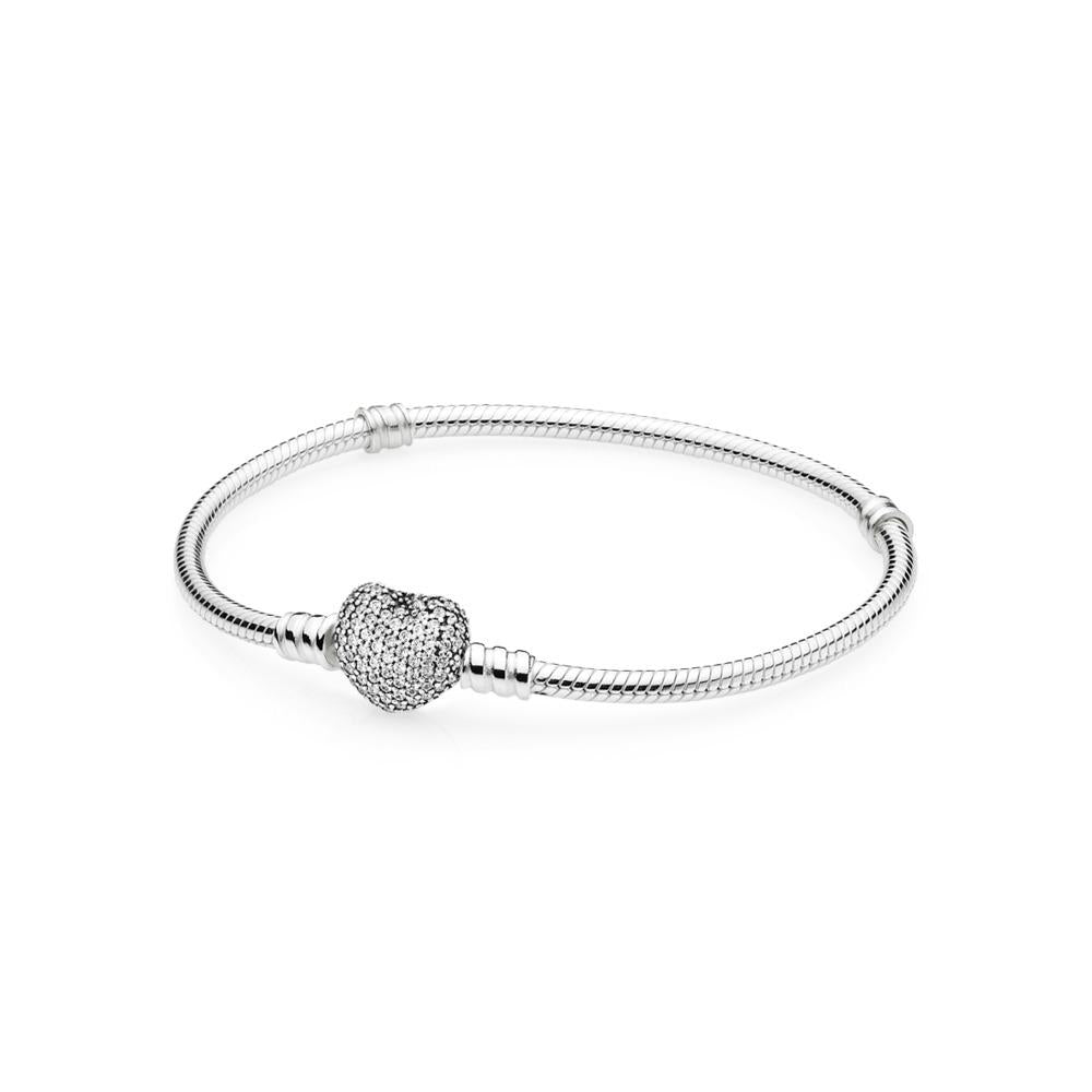 Pandora Silver Moments Sparkling Heart Clasp Snake Chain Bracelet