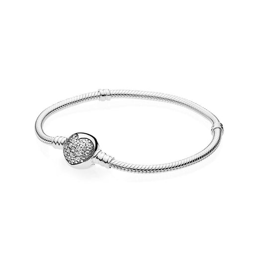 Pandora Silver Moments Sparkling Heart Round Clasp Snake Chain Bracelet