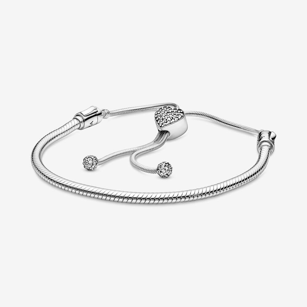 Pandora Moments Pave Heart Clasp Snake Chain Slider Bracelet