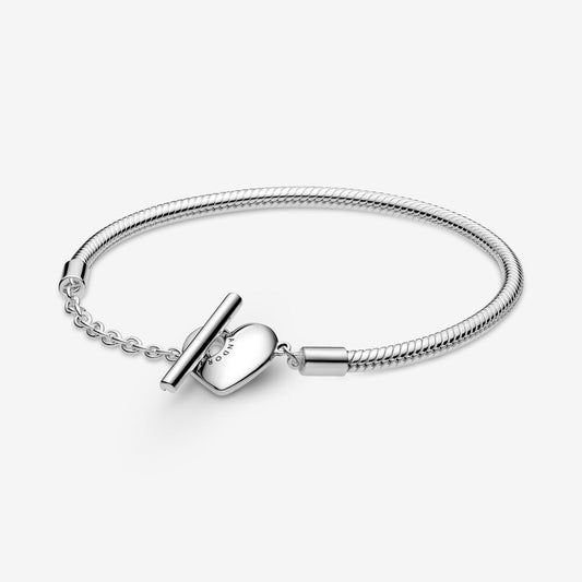Snake chain sterling silver T-bar heart bracelet