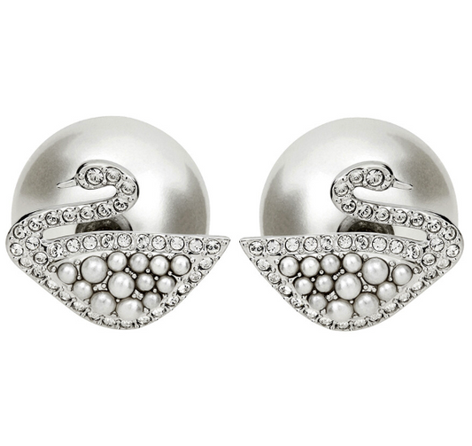 Swarovski Iconic Swan Crystal Pearl Earring, White, Rhodium Plated
