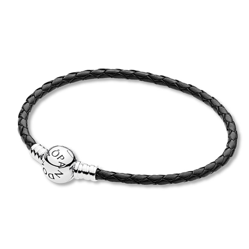 Pandora Single Black Leather Round Clasp Bracelet