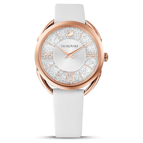 Swarovski Crystalline Glam Watch, Leather strap, White, Rose Gold Tone PVD