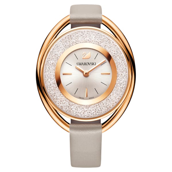 Swaorvski Crystalline Oval Watch, Leather strap, Gray, Rose Gold Tone PVD