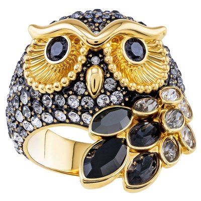 Swarovski March Owl Motif Ring 58(8.5), Black, Gold Plated