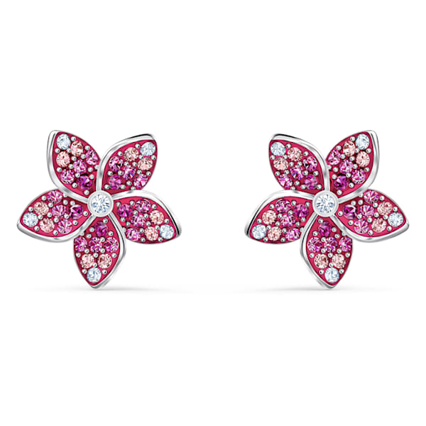 Swarovski Tropical Flower Pierced Earring, Pink, Rhodium plated